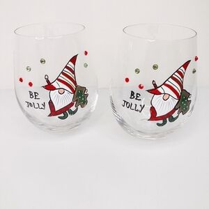 Set of two (2) wine glasses hand-painted Jolly elf s